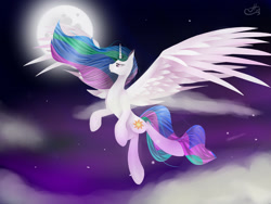 Size: 1600x1200 | Tagged: safe, artist:colourboom, princess celestia, alicorn, pony, g4, cloud, digital art, ethereal mane, ethereal tail, feather, flowing mane, flowing tail, flying, horn, large wings, lidded eyes, lonely, moon, moonlight, night, pink eyes, signature, solo, spread wings, starry mane, starry tail, stars, tail, wings