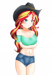 Size: 1448x2048 | Tagged: safe, artist:zoxriver503, sunset shimmer, human, g4, arm under breasts, bare shoulders, breasts, busty sunset shimmer, cleavage, clothes, cowboy hat, daisy dukes, female, hat, humanized, midriff, shirt, shorts, shoulderless shirt, simple background, solo, white background