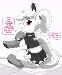Size: 3268x3950 | Tagged: safe, artist:pabbley, rainbow dash, pegasus, pony, g4, alternate hairstyle, black and white, clothes, cute, dialogue, female, grayscale, high res, implied anon, looking back, maid, mare, midriff, monochrome, open mouth, partial color, ponytail, rainbow maid, simple background, sitting, solo, speech bubble, stockings, sweat, sweatdrop, thigh highs, white background