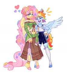 Size: 1243x1406 | Tagged: safe, artist:martar_martar, fluttershy, rainbow dash, pegasus, anthro, unguligrade anthro, g4, clothes, compression shorts, duo, duo female, emanata, eyes closed, female, flower, flower in hair, hand on hip, heart, height difference, lesbian, long tail, looking at you, midriff, ship:flutterdash, shipping, simple background, skirt, smiling, smiling at you, socks, spread wings, tail, thigh highs, white background, wings
