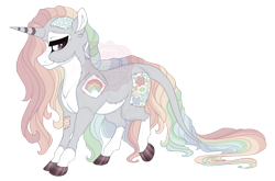 Size: 4100x2700 | Tagged: safe, artist:gigason, oc, oc only, oc:blanket stitch, pony, unicorn, blaze (coat marking), brown eyes, cloven hooves, coat markings, colored hooves, facial markings, female, gradient hooves, hoof polish, horn, leonine tail, lidded eyes, mare, mealy mouth (coat marking), multicolored hair, obtrusive watermark, pale belly, patch, rainbow hair, raised hoof, simple background, smiling, socks (coat markings), solo, standing, stitches, striped horn, tail, transparent background, unicorn oc, watermark