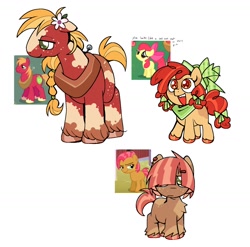Size: 1500x1479 | Tagged: safe, artist:spacescoob8, apple bloom, babs seed, big macintosh, earth pony, pony, g4, alternate design, big macintosh's yoke, bow, braid, colored hooves, ear piercing, earring, female, filly, flower, flower in hair, foal, freckles, gender headcanon, hair bow, hat, horse collar, jewelry, markings, neckerchief, piercing, redesign, simple background, tail, tail bow, text, trans female, transgender, trio, trio female, white background