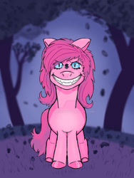 Size: 774x1032 | Tagged: safe, artist:emocorexd, pinkie pie, earth pony, pony, smile hd, g4, creepy, female, floppy ears, looking at you, smiling, solo, staring at you, tree