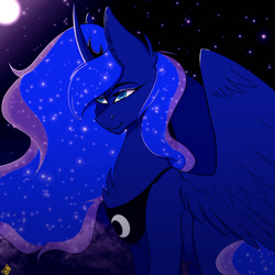 Size: 1024x1024 | Tagged: safe, artist:starsparklechaser, princess luna, alicorn, pony, g4, blue background, blue eyes, blue mane, chest fluff, concave belly, crown, curved horn, cute, digital art, ear fluff, ethereal mane, eyelashes, eyeshadow, feather, female, flowing mane, glowing, happy, horn, jewelry, lidded eyes, makeup, mare, moon, moonlight, night, peytral, redraw, regalia, signature, simple background, smiling, solo, sparkles, spread wings, starry mane, stars, wings