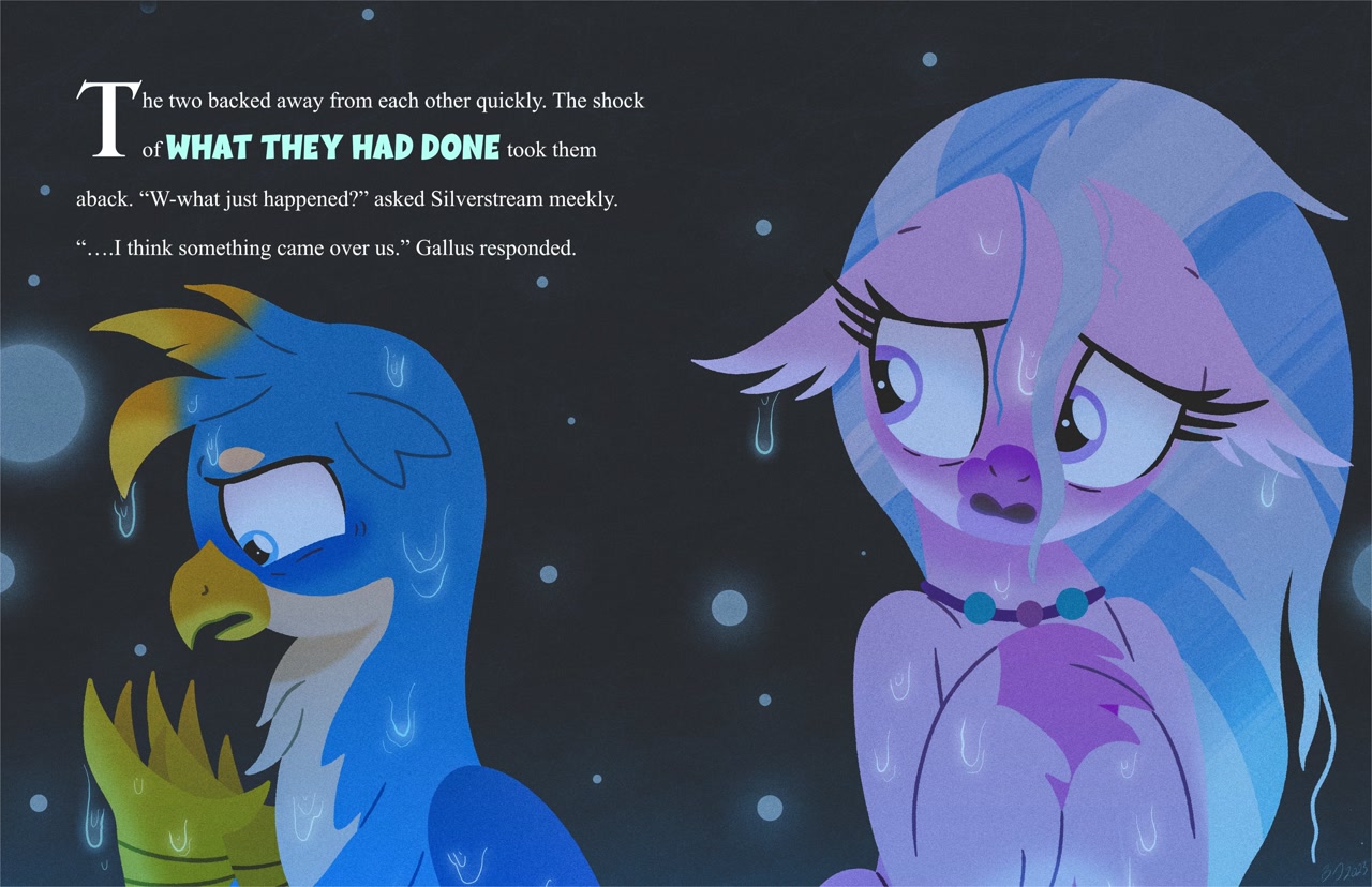 [duo,embarrassed,female,g4,high res,hippogriff,looking back,male,safe,shipping,straight,text,wet,story included,gallus,hand on chest,classical hippogriff,silverstream,duo male and female,artist:bearmation,ship:gallstream]