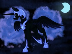 Size: 1600x1200 | Tagged: safe, artist:vera2002, nightmare moon, alicorn, pony, g4, blue eyes, blue mane, blue tail, crepuscular rays, digital art, ethereal mane, ethereal tail, feather, female, flowing mane, flowing tail, helmet, hoof shoes, horn, lidded eyes, looking down, mare, moon, moonlight, night, peytral, raised hoof, signature, simple background, sky, solo, sparkles, spread wings, starry mane, starry tail, stars, tail, walking, wings