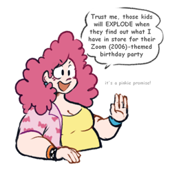 Size: 778x767 | Tagged: safe, artist:punkittdev, pinkie pie, human, g4, adorafatty, breasts, busty pinkie pie, cleavage, dialogue, fat, humanized, open mouth, open smile, pudgy pie, simple background, smiling, solo, speech bubble, white background