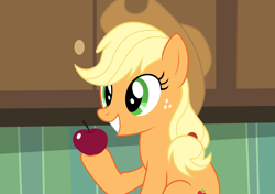 Size: 2734x1922 | Tagged: safe, artist:badumsquish, derpibooru exclusive, applejack, earth pony, pony, g4, apple, applejack's hat, cowboy hat, cupboard, food, freckles, fruit, grin, hat, holding, hoof hold, i can't believe it's not hasbro studios, i just think they're neat, kitchen, ponified scene, ponytail, show accurate, simpsons did it, sitting, smiling, solo, squee, stetson, sweet apple acres, the simpsons