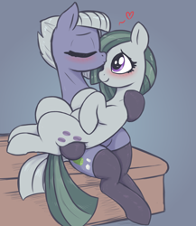 Size: 2600x3000 | Tagged: safe, alternate version, artist:t72b, limestone pie, marble pie, earth pony, pony, g4, blushing, clothes, cuddling, eyes closed, female, forehead kiss, high res, holding a pony, incest, kissing, lesbian, lying down, mare, on back, piecest, ship:marblime, shipping, siblings, sisters, sitting, socks