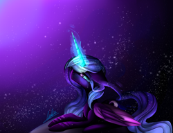Size: 3496x2686 | Tagged: safe, artist:irayuune, princess luna, alicorn, pony, g4, blue eyes, blue mane, blue tail, crying, digital art, ethereal mane, ethereal tail, eyelashes, eyeshadow, feather, female, flowing mane, folded wings, glowing, glowing horn, high res, horn, jewelry, looking up, lying down, magic, makeup, mane, mare, moon, moonlight, night, peytral, regalia, sad, signature, solo, sparkles, starry mane, starry night, starry tail, stars, tail, teary eyes, wings