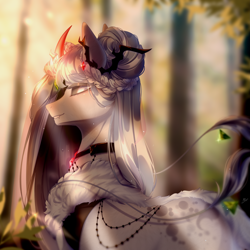 Size: 4961x4961 | Tagged: safe, artist:mian1205, oc, oc only, changedling, changeling, hybrid, pony, unicorn, g4, absurd resolution, art trade, beautiful, blank eyes, clothes, coat, crepuscular rays, crown, digital art, eyelashes, eyeshadow, female, forest, gem, glowing, grass, jewelry, leaf, lidded eyes, makeup, mare, nature, necklace, regalia, scenery, signature, solo, sparkles, sunlight, teeth, tree, tree branch, walking, white mane