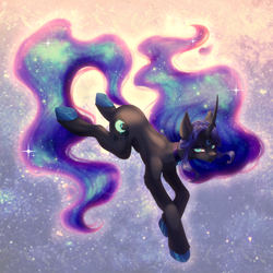 Size: 3508x3508 | Tagged: safe, artist:mian1205, nightmare moon, pony, unicorn, g4, blue eyes, blue mane, blue tail, concave belly, crepuscular rays, curved horn, digital art, ethereal mane, ethereal tail, eyeshadow, female, flowing mane, flowing tail, glowing, glowing horn, gradient background, high res, hoof shoes, horn, lidded eyes, looking at you, makeup, mare, princess shoes, race swap, sky, slender, smiling, smiling at you, solo, sparkles, spine, spread wings, starry mane, stars, sunlight, tail, teeth, thin, turned head, unshorn fetlocks, wingless, wings