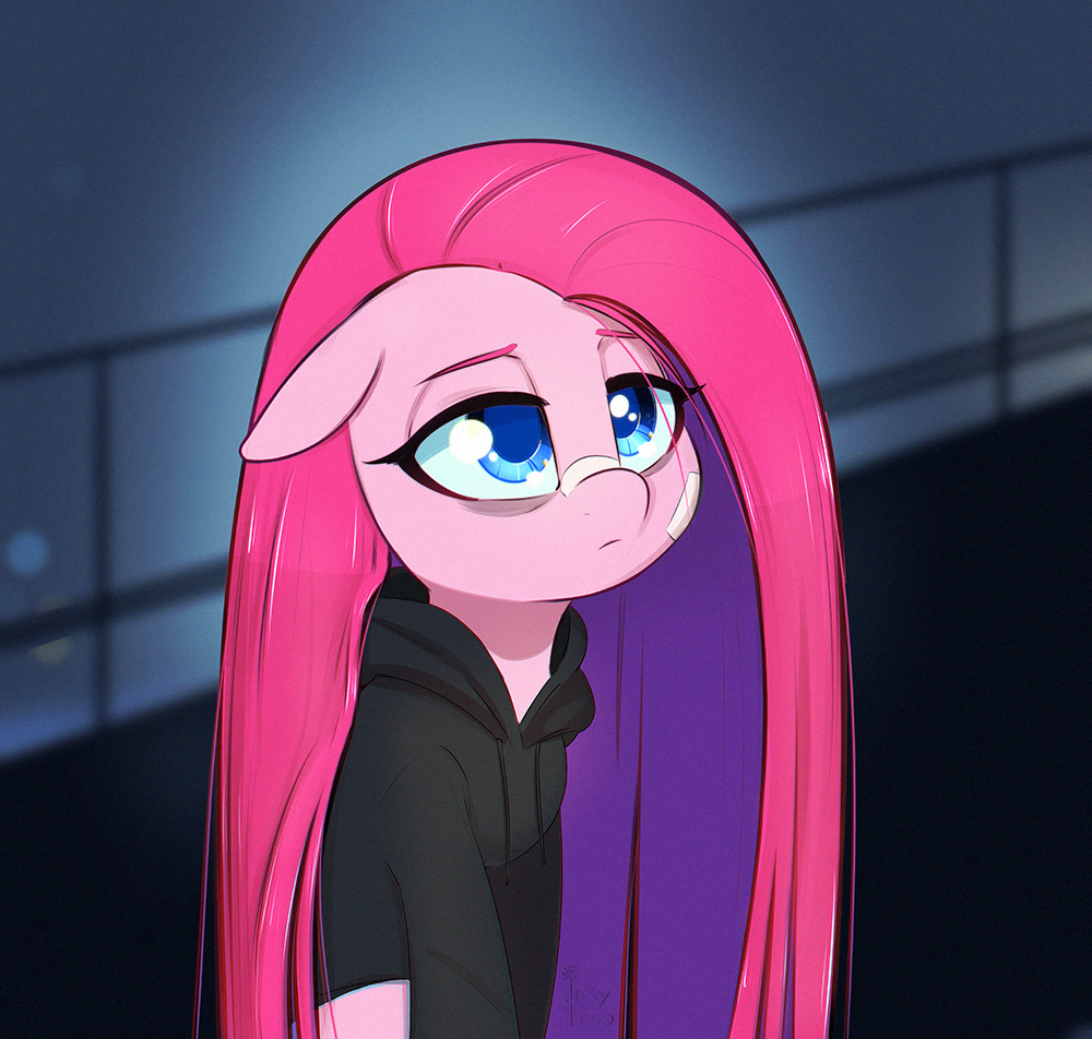 [bandaid,bust,clothes,earth pony,female,floppy ears,hoodie,mare,meme,pinkamena diane pie,pinkie pie,pony,safe,solo,blade runner 2049,bandaid on nose,artist:inkypuso]