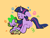 Size: 1092x819 | Tagged: safe, artist:clarissasbakery, spike, twilight sparkle, dragon, pony, unicorn, g4, book, cute, dot eyes, duo, female, floppy ears, heart, male, mama twilight, mare, open mouth, orange background, prone, reading, simple background, spikabetes, spikelove, twiabetes, unicorn twilight, yellow background, younger