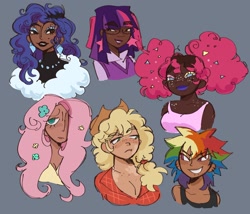 Size: 2048x1757 | Tagged: safe, artist:clarissasbakery, applejack, fluttershy, pinkie pie, rainbow dash, rarity, twilight sparkle, human, g4, afro puffs, alternate hairstyle, dark skin, gray background, group, humanized, lipstick, mane six, pigtails, sextet, simple background, tan skin