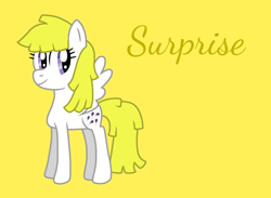 Size: 1370x1003 | Tagged: safe, artist:princessgoldenbear2003, surprise, pegasus, pony, g1, g4, adoraprise, cute, female, g1 to g4, generation leap, mare, simple background, smiling, solo, text, yellow background, yellow text