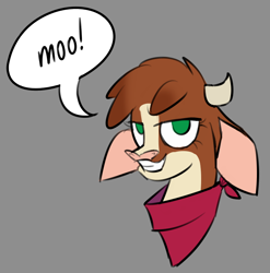 Size: 820x830 | Tagged: safe, artist:nonameorous, arizona (tfh), cow, them's fightin' herds, bandana, clothes, community related, gray background, horns, looking at you, moo, simple background, smiling, smiling at you, solo, speech bubble