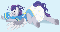 Size: 2000x1064 | Tagged: safe, artist:shuphle, oc, oc only, oc:dread, pony, g4, adult diaper, adult foal, blue background, butt, cyan background, diaper, diaper butt, diaper fetish, diapered, fetish, impossibly large diaper, lying down, male, non-baby in diaper, poofy diaper, simple background, sleeping, solo, stallion, tail, white diaper, wonderbolts