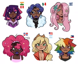 Size: 2048x1698 | Tagged: safe, artist:clarissasbakery, applejack, fluttershy, pinkie pie, rainbow dash, rarity, twilight sparkle, human, g4, american, american flag, applejack's hat, argentinan, argentinan flag, beauty mark, closed mouth, cowboy hat, dark skin, dominican, dominican republic flag, ear piercing, earring, eyeshadow, female, filipino, filipino flag, flag, flower, flower in hair, freckles, frown, group, hat, humanized, indian, indian flag, jewelry, lip piercing, lipstick, makeup, mane six, mexican, mexican flag, moderate dark skin, necklace, pearl necklace, peruvian, peruvian flag, piercing, ponytail, purple lipstick, salvadorian, salvadorian flag, sextet, simple background, smiling, snake bites, tan skin, vitiligo, white background