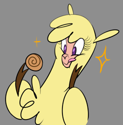 Size: 984x1000 | Tagged: safe, artist:nonameorous, paprika (tfh), alpaca, them's fightin' herds, cinnamon bun, cloven hooves, community related, food, gray background, hoof hold, looking down, simple background, solo, sparkles, tongue out