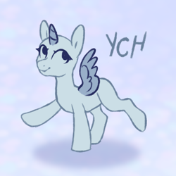 Size: 900x900 | Tagged: safe, artist:mr.catfish, alicorn, pony, chibi, commission, dot eyes, raised hoof, smiling, solo, spread wings, wings, your character here