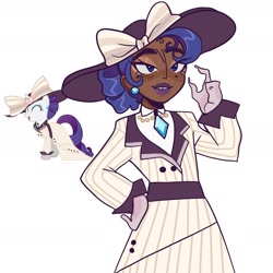 Size: 1972x1972 | Tagged: safe, artist:clarissasbakery, rarity, human, pony, unicorn, g4, ppov, beauty mark, clothes, dark skin, ear piercing, earring, eyes closed, eyeshadow, female, gloves, hand on hip, hat, humanized, jewelry, lidded eyes, lipstick, makeup, mare, necklace, open mouth, piercing, purple lipstick, raristocrat, rose dewitt bukater, screencap reference, simple background, smiling, solo, thick eyebrows, titanic, tooth gap, white background
