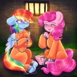 Size: 2048x2048 | Tagged: safe, artist:honiipaii, pinkie pie, rainbow dash, g4, bound wings, clothes, commissioner:rainbowdash69, cuffs, duo, high res, jail, jail cell, jumpsuit, never doubt rainbowdash69's involvement, prison, prison cell, prison outfit, prisoner, prisoner pp, prisoner rd, shackles, varying degrees of want, wings