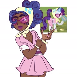Size: 1877x1877 | Tagged: safe, artist:clarissasbakery, rarity, human, pony, unicorn, g4, sleepless in ponyville, beauty mark, bracelet, breasts, camping outfit, cleavage, clothes, collarbone, dark skin, dress, eyeshadow, female, headscarf, hoof file, hoof shoes, humanized, jewelry, levitation, lidded eyes, magic, magic aura, makeup, mare, nail polish, ponytail, raised hoof, scarf, screencap reference, simple background, solo, standing, sunglasses, telekinesis, thick eyebrows, tooth gap, white background