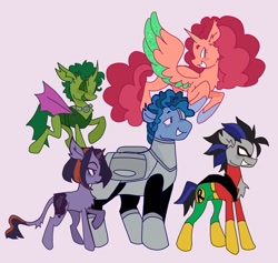 Size: 1956x1856 | Tagged: safe, artist:clarissasbakery, alicorn, changedling, changeling, cyborg, cyborg pony, earth pony, pony, unicorn, beast boy, cheek fluff, chest fluff, closed mouth, colored horn, colored wings, colored wingtips, cyborg (dc comics), dc comics, ear fluff, ear tufts, fangs, female, flying, frown, green changeling, grin, group, hoof shoes, horn, leonine tail, male, mare, mask, not pinkie pie, not spike, not twilight sparkle, open mouth, ponified, princess shoes, quintet, raised hoof, raven (dc comics), robin (dc comics), simple background, smiling, sparkly wings, stallion, standing, starfire, superhero costume, superhero mask, tail, tail fluff, teen titans, teen titans go, turned head, walking, wings