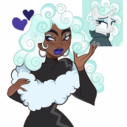 Size: 1903x1903 | Tagged: safe, artist:clarissasbakery, rarity, human, pony, unicorn, g4, it isn't the mane thing about you, alternate hairstyle, beauty mark, closed mouth, cloud mane, dark skin, ear piercing, earring, eyeshadow, frown, heart, hoop earrings, humanized, jewelry, lidded eyes, lipstick, makeup, nail polish, piercing, purple lipstick, simple background, smiling, solo, white background