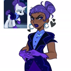 Size: 1912x1912 | Tagged: safe, artist:clarissasbakery, rarity, human, pony, unicorn, g4, the cutie re-mark, alternate hairstyle, alternate timeline, annoyed, clothes, dark skin, ear piercing, earring, eyeshadow, frown, gloves, hair bun, heart, humanized, jewelry, lidded eyes, lipstick, makeup, night maid rarity, nightmare takeover timeline, piercing, purple lipstick, simple background, solo, tail, tail bun, thick eyebrows, tooth gap, white background