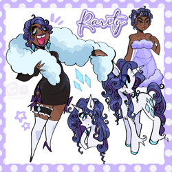 Size: 2048x2048 | Tagged: safe, artist:clarissasbakery, rarity, human, pony, unicorn, g4, alternate hairstyle, beauty mark, clothes, collarbone, colored hooves, dark skin, dress, ear piercing, earring, eyes closed, feather boa, garter, hair curlers, high res, humanized, jewelry, lightly watermarked, lipstick, long fetlocks, nail polish, nightgown, open mouth, piercing, purple lipstick, simple background, small feet, smiling, socks, solo, stars, thick eyebrows, tooth gap, turned head, watermark, white background