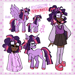 Size: 2048x2048 | Tagged: safe, artist:clarissasbakery, twilight sparkle, alicorn, human, pony, unicorn, g4, book, chest fluff, clothes, colored hooves, comments locked down, dark skin, ear fluff, ear piercing, ear tufts, earring, female, freckles, glasses, graveyard of comments, high res, humanized, jewelry, leg freckles, lightly watermarked, lipstick, mare, pajamas, piercing, purple lipstick, raised hoof, scrunchie, shoes, shoulder freckles, side view, simple background, skirt, spread wings, standing, stars, stockings, sweater vest, thigh highs, thigh socks, turned head, twilight sparkle (alicorn), unicorn twilight, watermark, white background, wings