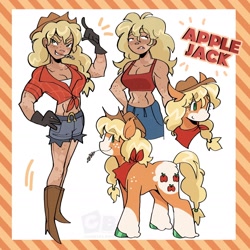 Size: 1986x1986 | Tagged: safe, artist:clarissasbakery, applejack, wheat grass, earth pony, human, pony, g4, alternate design, appaloosa, applejack's hat, arm freckles, boots, breasts, busty applejack, cleavage, closed mouth, clothes, coat markings, colored hooves, cowboy boots, cowboy hat, denim, ear fluff, ear tufts, facial markings, female, freckles, gloves, grin, hat, humanized, jeans, leg freckles, mare, mealy mouth (coat marking), muscles, neckerchief, pants, ponytail, shoes, shorts, simple background, smiling, socks (coat markings), sports bra, standing, straw in mouth, tan skin, vitiligo, white background