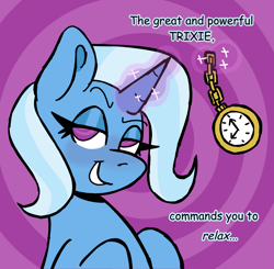 Size: 1939x1900 | Tagged: safe, artist:catponything, trixie, pony, unicorn, g4, blushing, bust, dialogue, female, glowing, glowing horn, grin, horn, hypnosis, levitation, lidded eyes, looking at you, magic, magic aura, mare, pocket watch, smiling, solo, stopwatch, swirly background, swirly eyes, talking to viewer, telekinesis