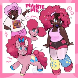 Size: 1943x1943 | Tagged: safe, artist:clarissasbakery, pinkie pie, earth pony, human, pony, g4, alternate design, bonnet, chest fluff, closed mouth, clothes, dark skin, ear fluff, ear piercing, earring, eyes closed, female, freckles, humanized, jewelry, leg warmers, lipstick, looking up, mare, mismatched hooves, open mouth, piercing, pigtails, purple lipstick, shorts, simple background, sleep bonnet, smiling, solo, tank top, thick eyebrows, waving, white background