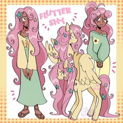 Size: 1998x1998 | Tagged: safe, artist:clarissasbakery, fluttershy, human, pegasus, pony, g4, annoyed, cardigan, chest fluff, clothes, collarbone, colored hooves, dark skin, dress, ear fluff, female, flower, flower in hair, hair over one eye, humanized, long hair, long mane, long tail, looking back, mare, pants, partially open wings, ponytail, sandals, simple background, solo, standing, sweater, tail, tallershy, white background, wings