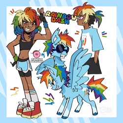 Size: 1976x1976 | Tagged: safe, artist:clarissasbakery, kotobukiya, rainbow dash, human, pegasus, pony, g4, arm band, arm scar, bandaid, bandaid on nose, butt fluff, cheek fluff, chest fluff, clothes, coat markings, colored hooves, dark skin, ear fluff, ear piercing, ear tufts, earring, female, fingerless gloves, gloves, goggles, grin, humanized, jewelry, kotobukiya rainbow dash, lip piercing, looking at you, mare, piercing, ponytail, salute, scar, scarred, sharp teeth, shirt, shoes, shorts, side view, simple background, smiling, snake bites, sneakers, socks, socks (coat markings), solo, sports bra, spread wings, standing, t-shirt, teeth, tomboy, tongue piercing, undercut, unshorn fetlocks, white background, wings