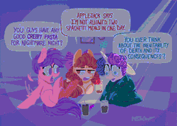 Size: 1280x910 | Tagged: safe, artist:pastacrylic, apple bloom, scootaloo, sweetie belle, earth pony, pegasus, pony, unicorn, g4, animated, caffeine, cutie mark crusaders, existential crisis, flapping wings, milhouse van houten, one of these things is not like the others, sleepover, soda, the simpsons, wings