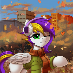 Size: 1600x1600 | Tagged: safe, artist:zachc, oc, oc only, pegasus, pony, autumn, clothes, commission, falling leaves, female, jacket, leaves, looking at you, one eye closed, outdoors, raised hoof, scarf, smiling, solo