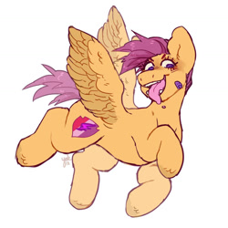 Size: 1425x1425 | Tagged: safe, artist:misocosmis, scootaloo, pegasus, pony, vylet pony, g4, fangs, open mouth, simple background, solo, spread wings, tongue out, white background, wings