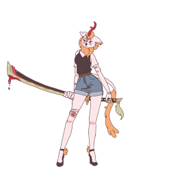 Size: 1000x1000 | Tagged: safe, artist:unluckyyona, autumn blaze, kirin, anthro, plantigrade anthro, vylet pony, g4, bandaid, blood, clothes, denim, denim shorts, female, high heels, katana, shoes, shorts, simple background, solo, sword, transparent background, weapon