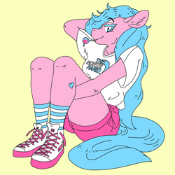 Size: 1500x1500 | Tagged: safe, artist:fizzlesoda2000, aloe, anthro, plantigrade anthro, g4, arm behind head, ass, butt, candy, clothes, female, food, lollipop, looking at you, shirt, shoes, shorts, simple background, sitting, sneakers, socks, solo, striped socks, t-shirt, vylet pony, yellow background
