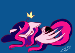 Size: 1520x1080 | Tagged: safe, artist:lovelydreams14, oc, oc only, oc:cadie, alicorn, pony, vylet pony, alicorn oc, blue background, cowering, crown, eyes closed, female, horn, jewelry, lying down, mare, regalia, simple background, solo, wings