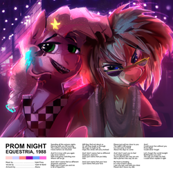 Size: 2000x2000 | Tagged: safe, artist:alumx, cheerilee, mayor mare, earth pony, pony, vylet pony, g4, 80s, 80s cheerilee, arm on shoulder, braces, clothes, duo, grin, high res, scarf, smiling, song cover