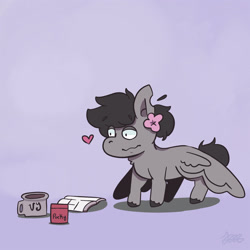 Size: 1425x1425 | Tagged: dead source, safe, artist:kyunn, oc, oc only, oc:vylet, pegasus, pony, vylet pony, book, flower, flower in hair, food, heart, mug, pocky, solo, unshorn fetlocks, violet background, wavy mouth, wings, wings down