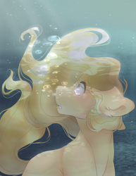 Size: 2154x2785 | Tagged: safe, artist:anyamania, artist:misocosmis, oc, oc only, earth pony, pony, vylet pony, air bubble, bubble, flowing mane, flowing tail, frown, high res, looking up, ocean, open mouth, solo, swimming, tail, underwater, water