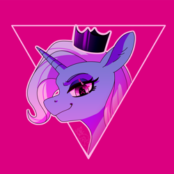 Size: 1400x1400 | Tagged: safe, artist:fizzlesoda2000, trixie, pony, unicorn, queen of misfits, vylet pony, g4, better source needed, bust, closed mouth, crown, eyestrain warning, jewelry, lidded eyes, looking at you, magenta background, pink background, portrait, profile, regalia, simple background, smiling, solo, song cover, triangle