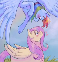 Size: 1125x1200 | Tagged: safe, artist:abbytabbys, fluttershy, rainbow dash, pegasus, pony, g4, blushing, cloud, cute, duo, eye contact, feathered wings, female, flying, folded wings, grass, heart, lesbian, looking at each other, looking at someone, looking down, looking up, mare, outdoors, ship:flutterdash, shipping, smiling, smiling at each other, spread wings, unshorn fetlocks, wings