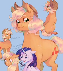 Size: 1059x1200 | Tagged: safe, artist:abbytabbys, applejack, rarity, earth pony, pony, unicorn, g4, alternate hairstyle, concerned, dialogue, female, freckles, hair tie, haircut, hat, lesbian, looking at you, mare, ship:rarijack, shipping, short mane, simple background, sitting, spots, sweat, unshorn fetlocks